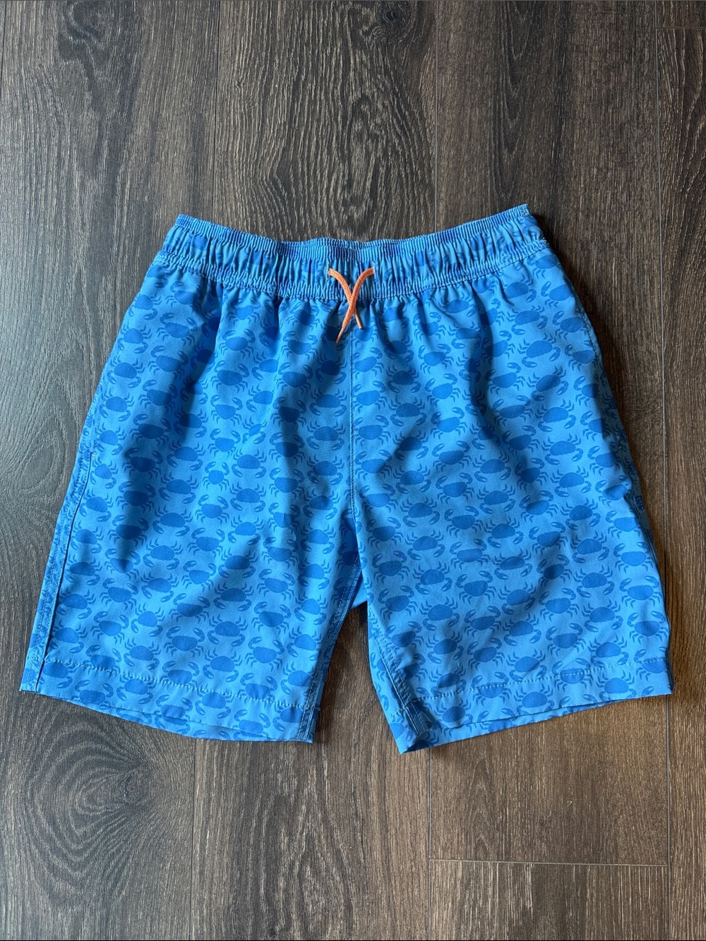 Crewcuts Blue Crab Print Swim Trunks with Orange Drawstring